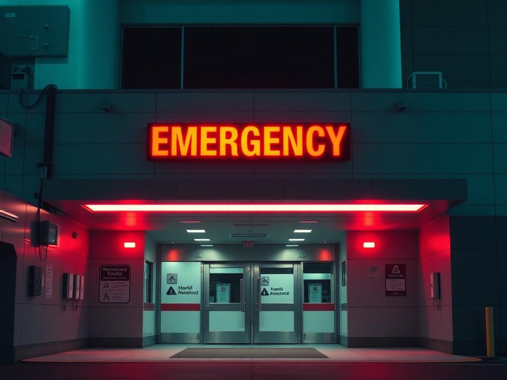 Hospital emergency department entrance at night