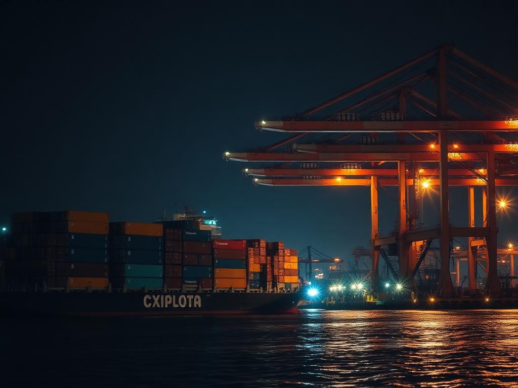 Container port and gantry cranes at night